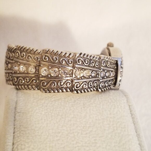 Silver watch cuff w rhinestones w attached battery - Picture 3 of 4